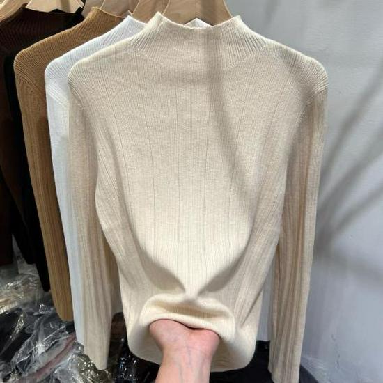 Women's Slim Fit Knit Long Sleeve Sweater Top with Half High Neck - 2023 Autumn/Winter Collection