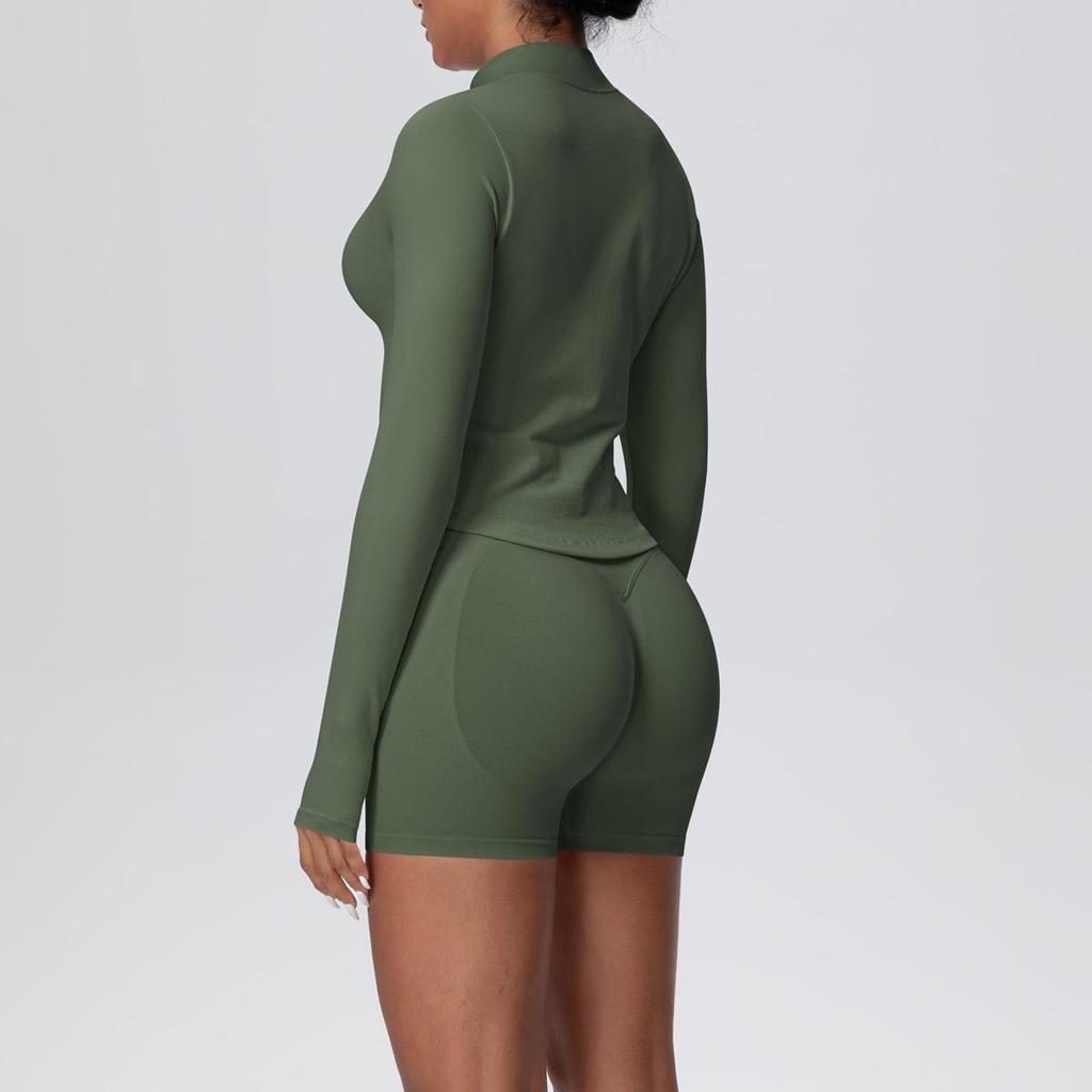 Women's European & American Sports Casual Three-Piece Set: Knitted Long Sleeve Zipper Jacket, Sports Vest, & Shorts Fitness Wear.