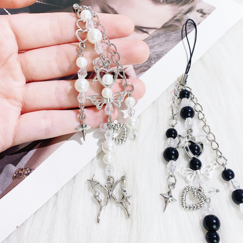 Simple Phone Charm Strap Y2K Keychain Butterfly Heart Shape Pendant Beaded Keychain Jewelry Keyring Lanyard String