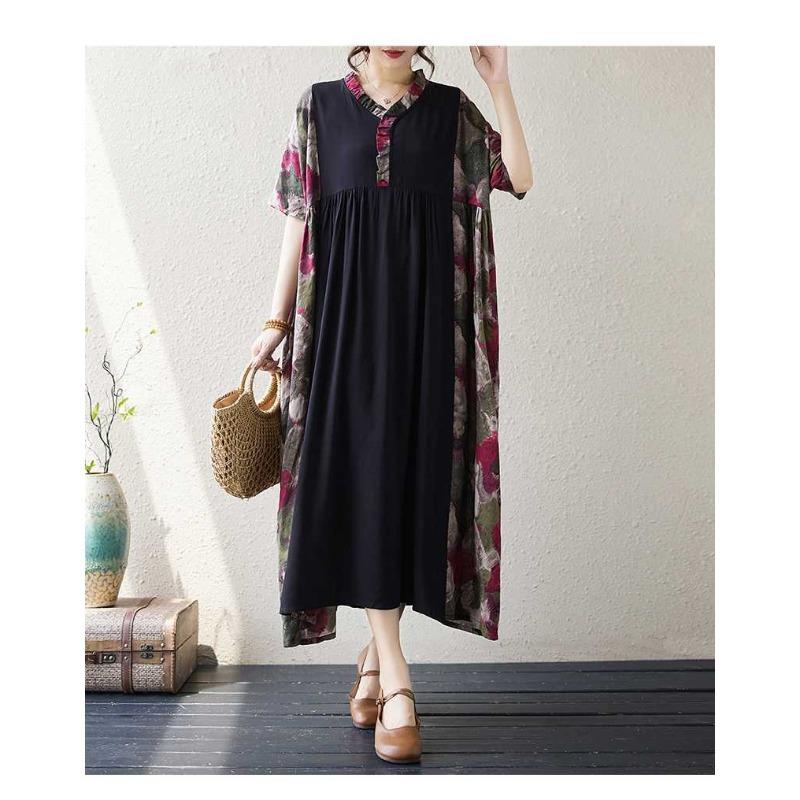 Summer New Literary Large Size Printing Splicing Wood Ear Lace Casual Swing Short Sleeve Long Dresses