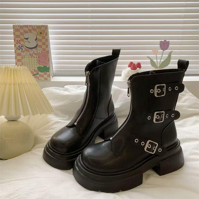 Women Mid-calf Boots Fashion Belt Buckle Designer Women Boots Round Toe Platform Boot Retro Casual Leather Boots for Women Botas