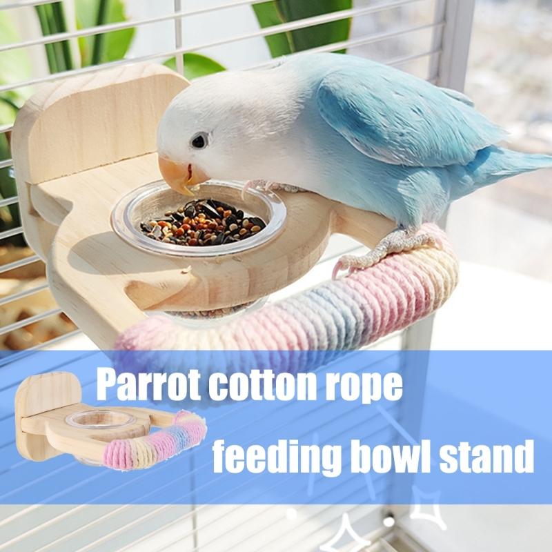 Natural Wood Parrot Stand Multifunctional Feeding Accessory Includes Feeding Bowl For Conures Lovebirds Finches