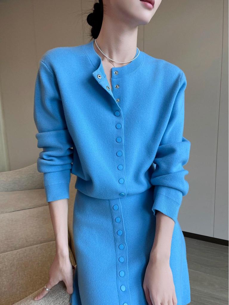 PINKEEN Blue Button-Up Knit Cardigan & Skirt Set for Women - Spring 2026, Whitened, Age-Reducing Style