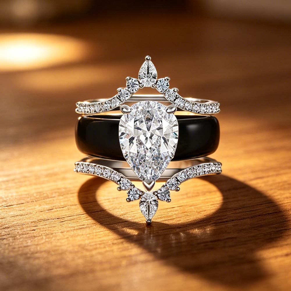 Black Silicone Crown Wedding Ring Set Pear Cut Zircon S Stackable Engagement Band for Women Bridal Gift Jewelry