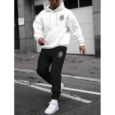 Mens Hooded Sweatshirt Pants Set With Animal Paw Print Design Casual Sportswear