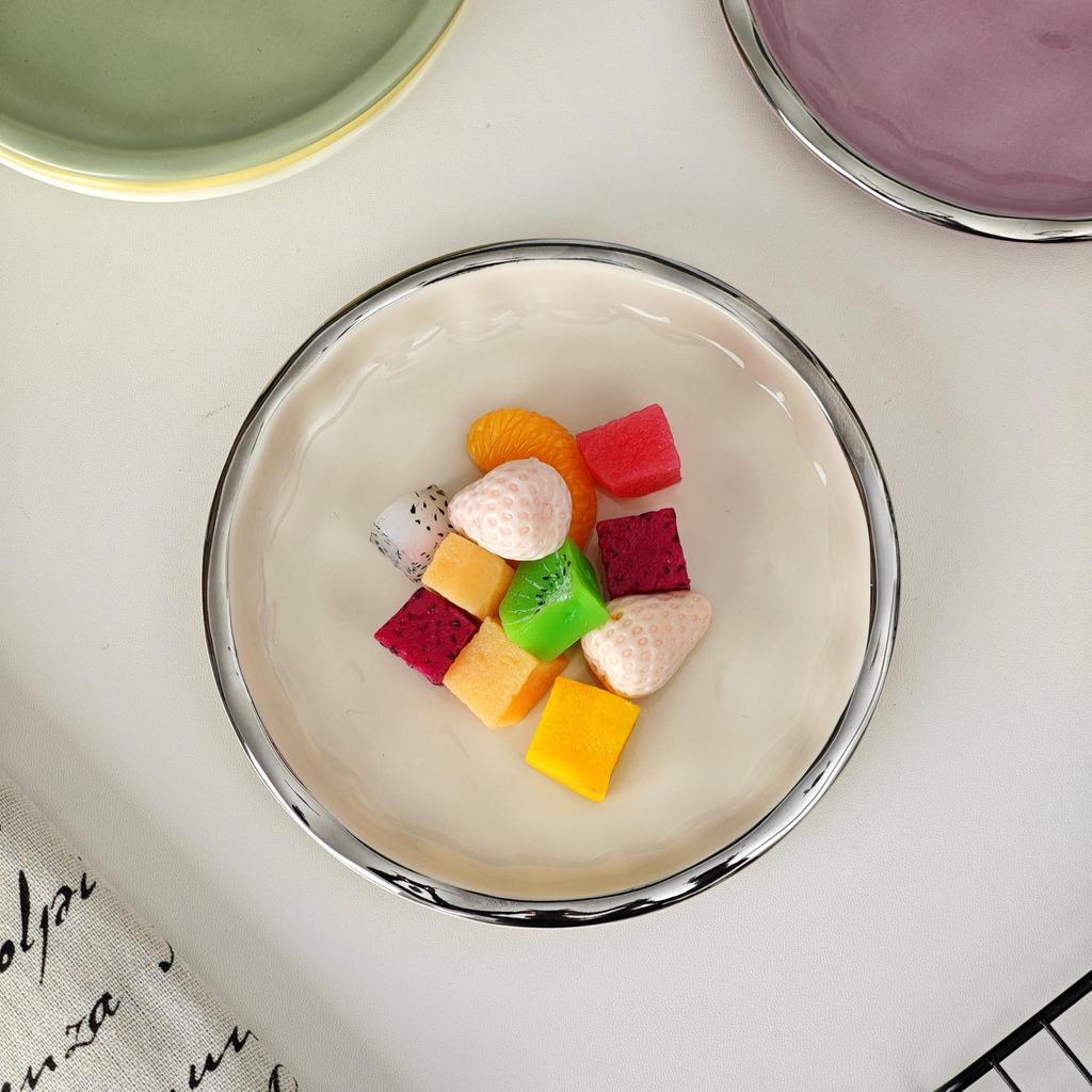 Nishida Stylish Round Set of Pastel Dishwasher and Microwave Cake Medium Plate with Gold Plates, 3, 15cm, Ceramic, Colors, Safe, Plate, (White Rim)