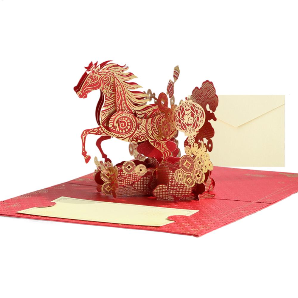 2026 Year of the Horse Chinese new year Retro Metallic Red Gold Foil Greeting Card 3D Greeting Card Gold Foil festival gift card красный