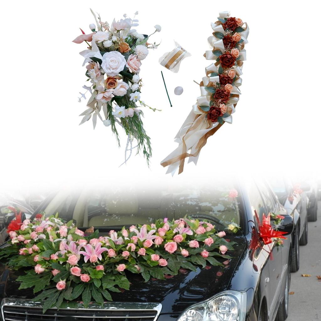 Wedding Car Decoration Set and Bows Bouquet DIY Simulation Flowers Ribbons for