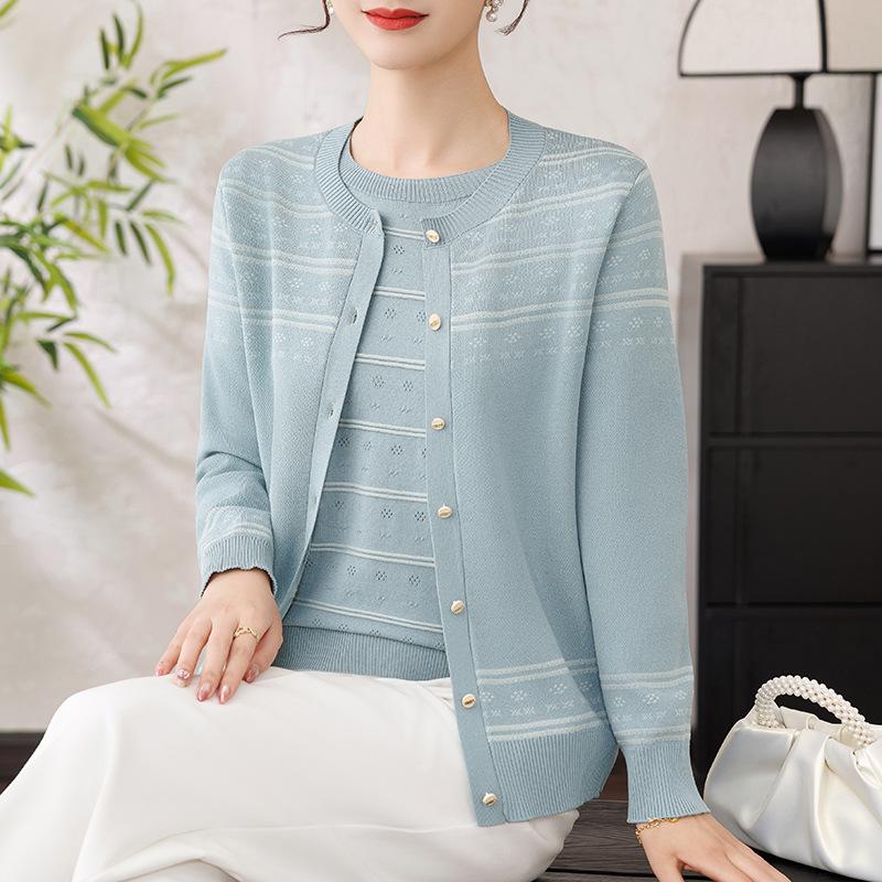 Mom's Spring Knit Stripe Two-Piece Set: New 2026 Style, Middle-Aged Women's Summer Short Sleeve, One Top Three Ways