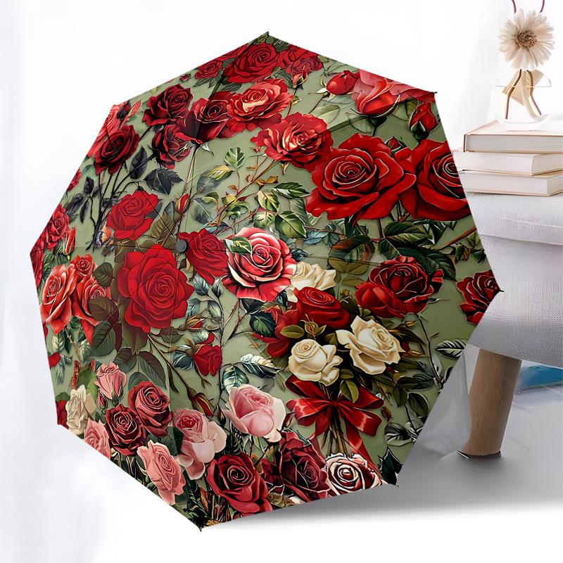 1 Stück Rose Floral Regenschirm-8-Rippen Verstärkt, Automatisches Öffnen, Leicht & Langlebig, Modeaccessoire für Außenbereich, Strand L0344
