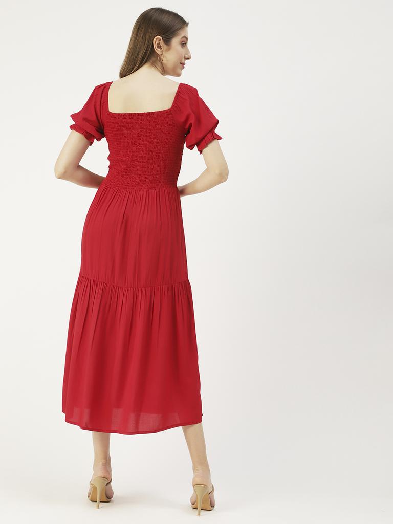 Moomaya Printed Viscose Rayon Summer Dress, Square Neck Smocked Long Dress