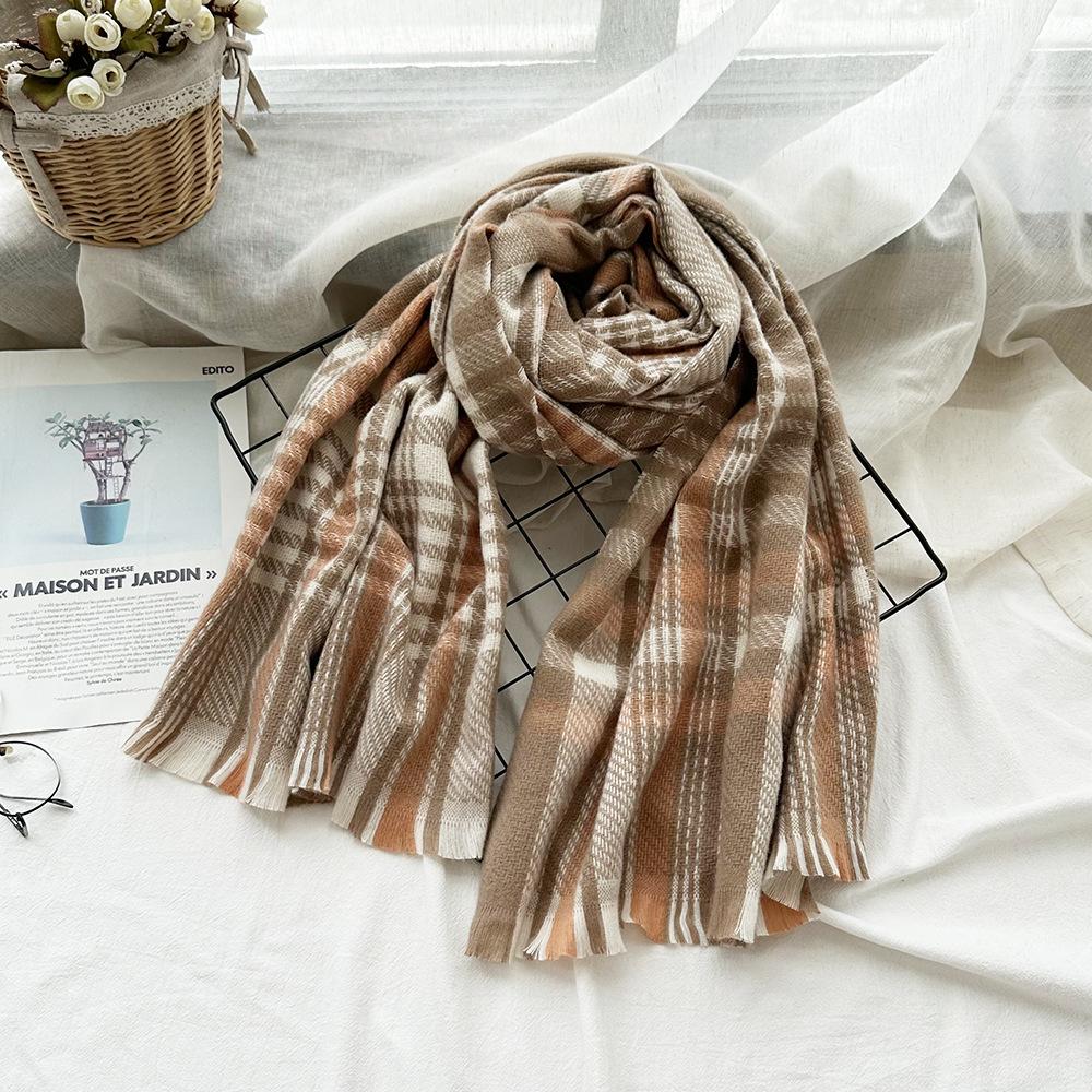 Autumn and Winter Long Scarf with Fringed Warm Women's Imitation Cashmere Plaid Shawl