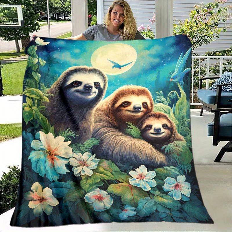 Throw Blanket Sloths Bluebird Moonlight Botanical Flower Garden Graphic Cozy Comforting Blanket For Living Room Sofa Office