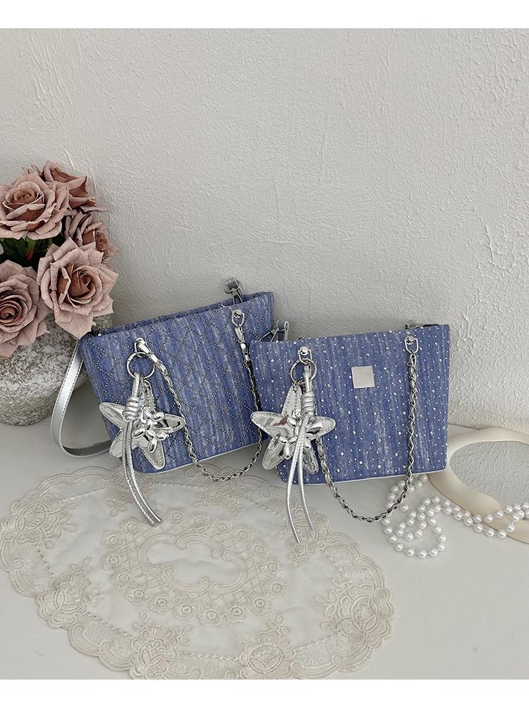 Geantă Dama Trendy din Denim tip Bucket - Elegantă Single-Shoulder Crossbody cu Detalii Strass