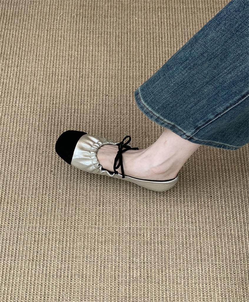 ~ Retro Pleated Lace-up Flat Mary Jane Shoes Shallow Mouth Single Shoes Women's Round Head One Pedal Ballet Shoes