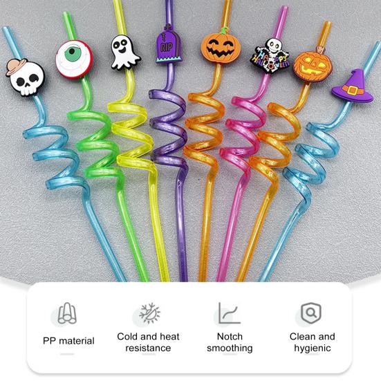 8Pcs Halloween Reusable Drinking Straws Children Spiral Beverage Straw for Hot Cold