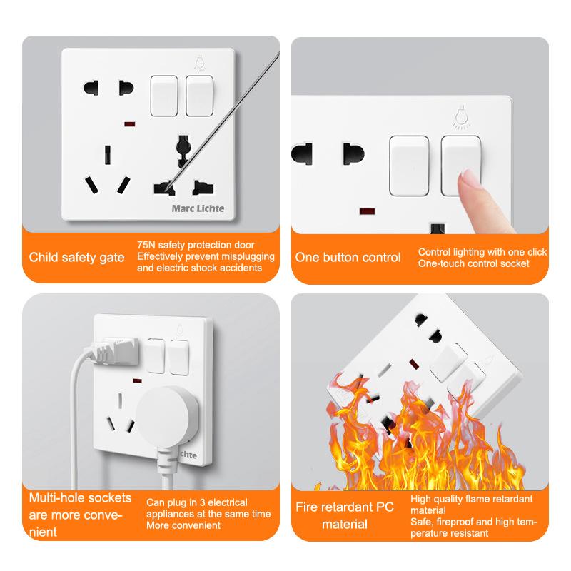 1PC 5pin Power Plug Two Or Three Plugs With 1Gang Switch Control Socket Universal Wall 86 Type Multifunctional Eight-Hole