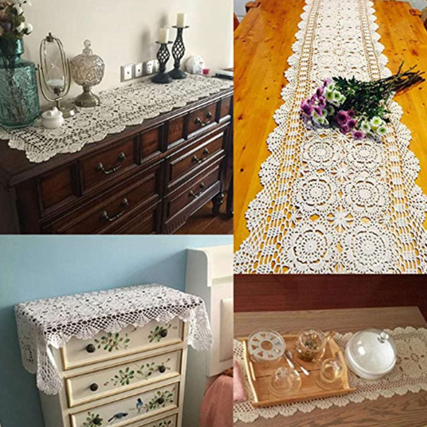 T02C!2X Cotton Handmade Crochet Lace Table Runner White Rectangle Coffee Table Dresser Decor белый