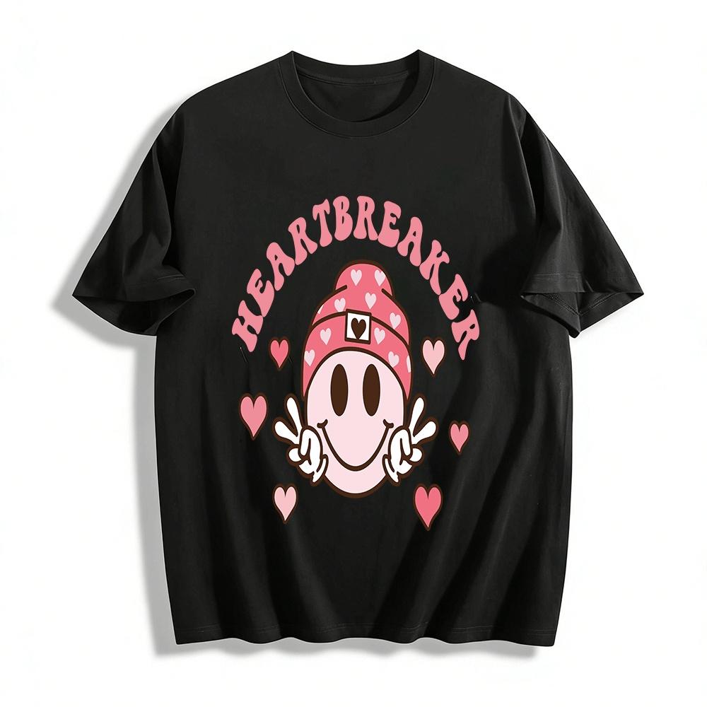Heartbreaker Cute Smiley Face Heart Print Casual Tee Pure cotton T-shirt XXS