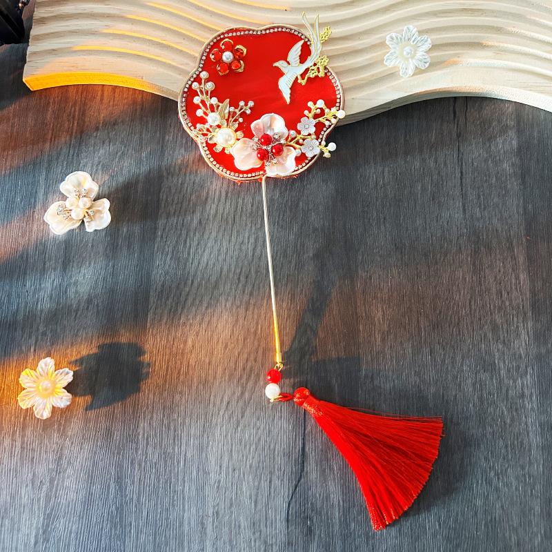 Chinese Style Embroidery Fan With Ancient Style Long Handle Tassel Mini Wedding Fan Chinese Hanfu Cheongsam Dance Hand Fan