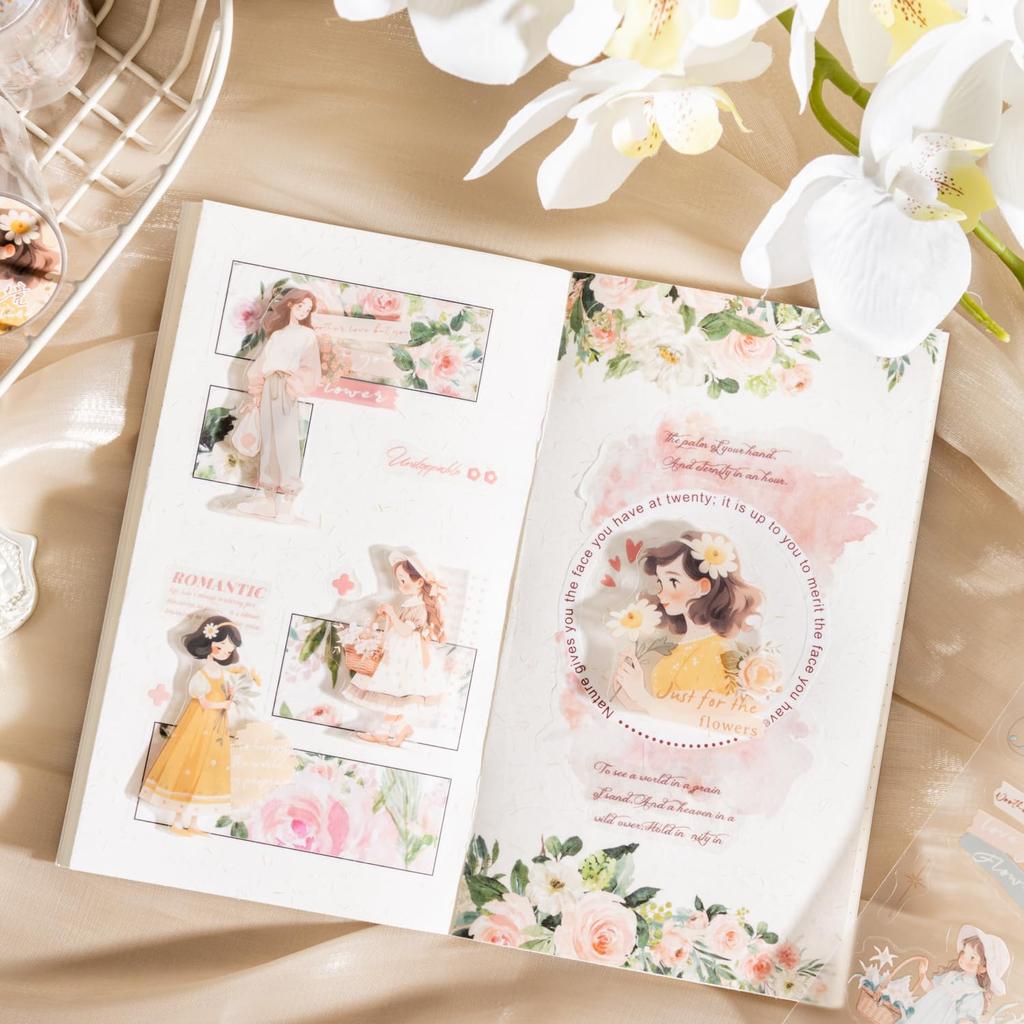 Alideco Masking Cute Retro French Rustic Girl 55mm Wide x 2m PET Adhesive Wide Stylish Masking Sticker 6-Pack Tape, Design, Clear, Water-Resistant