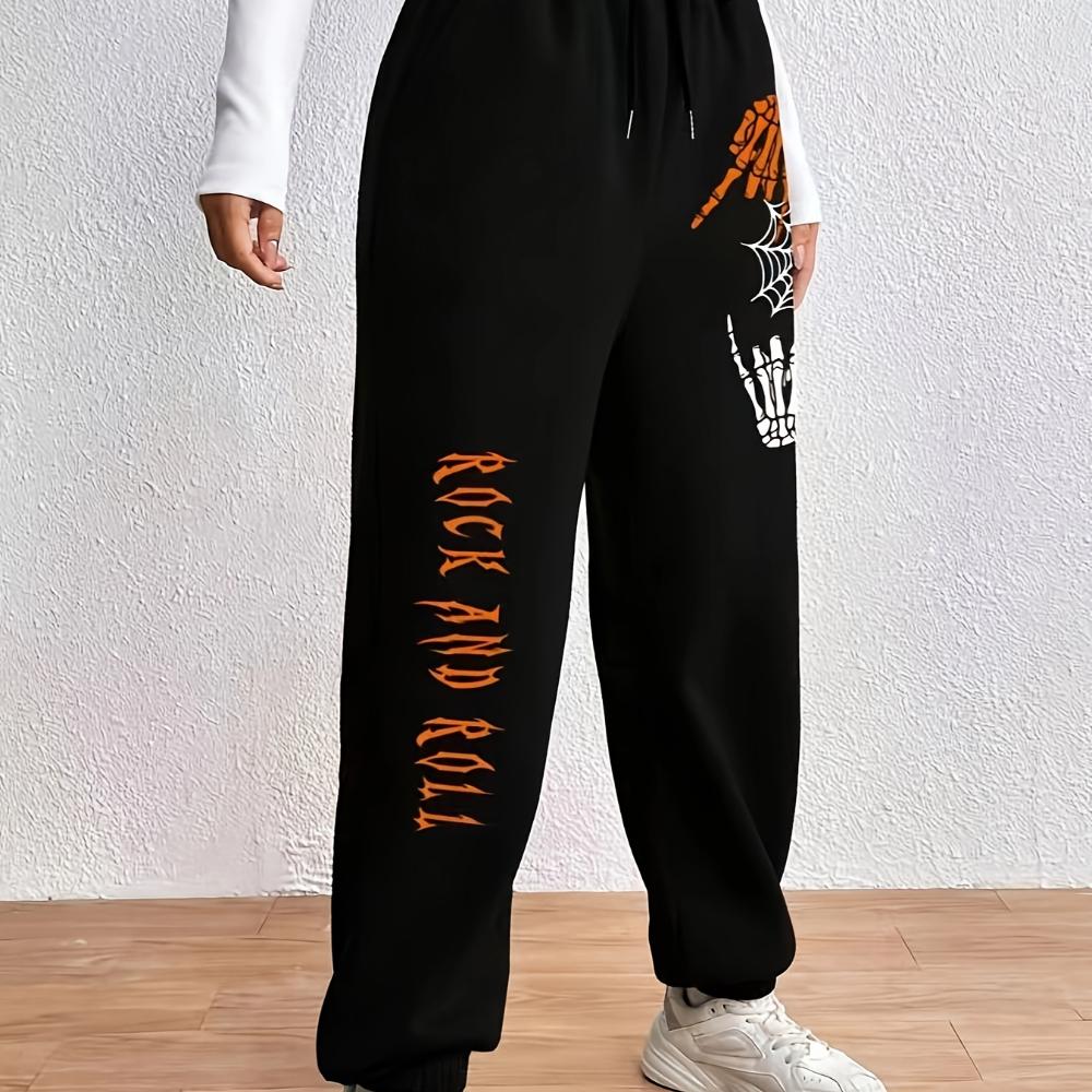 Rock And Roll Letter Printing Pants Casual Jogger Women's Fleece Drawstring Long Pant Fashion Street Female Sports Sweatpants