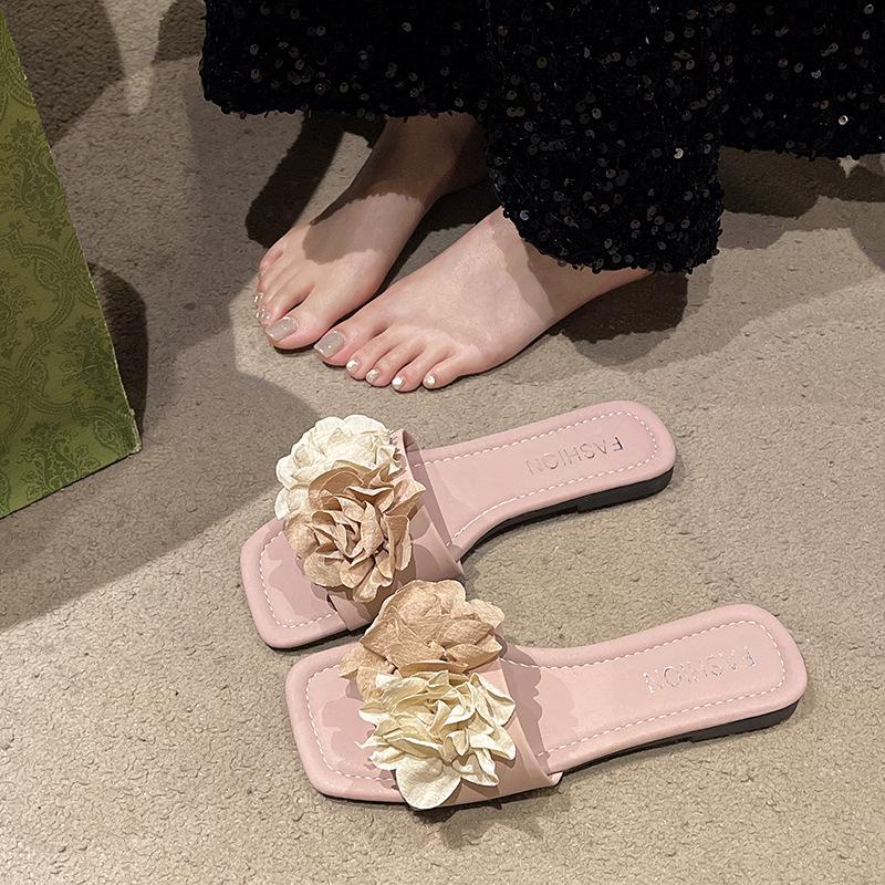 Flower Slippers Women's Summer New Outer Wear Flat-bottomed Beach Vacation Seaside with Skirt Sandals
