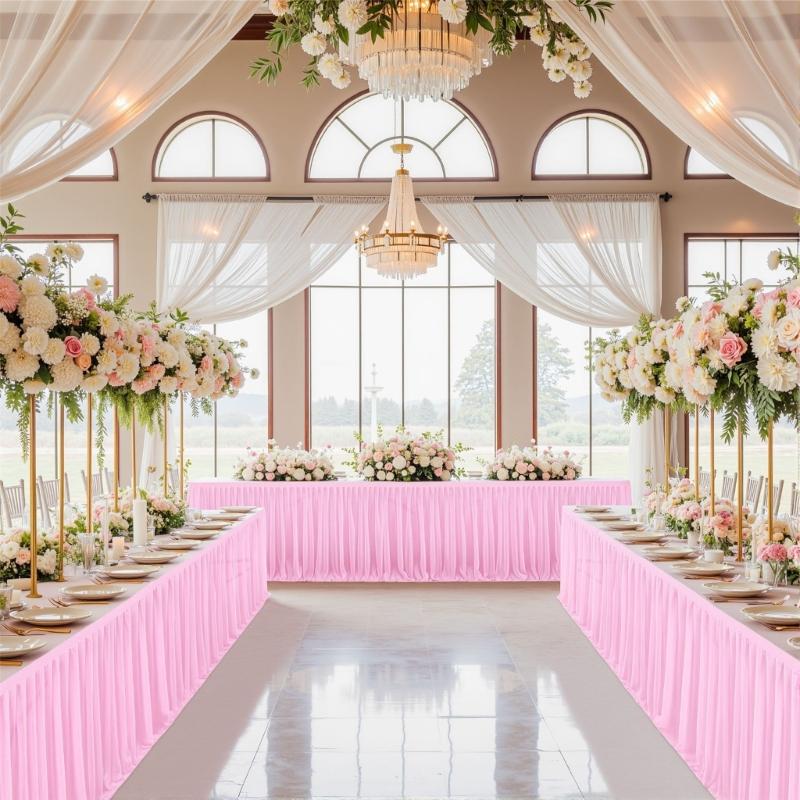 Pearls Tulle Banquets Table Cover Various Size Polyester Table Skirt Drape For Wedding Ceremony Celebration Decoration