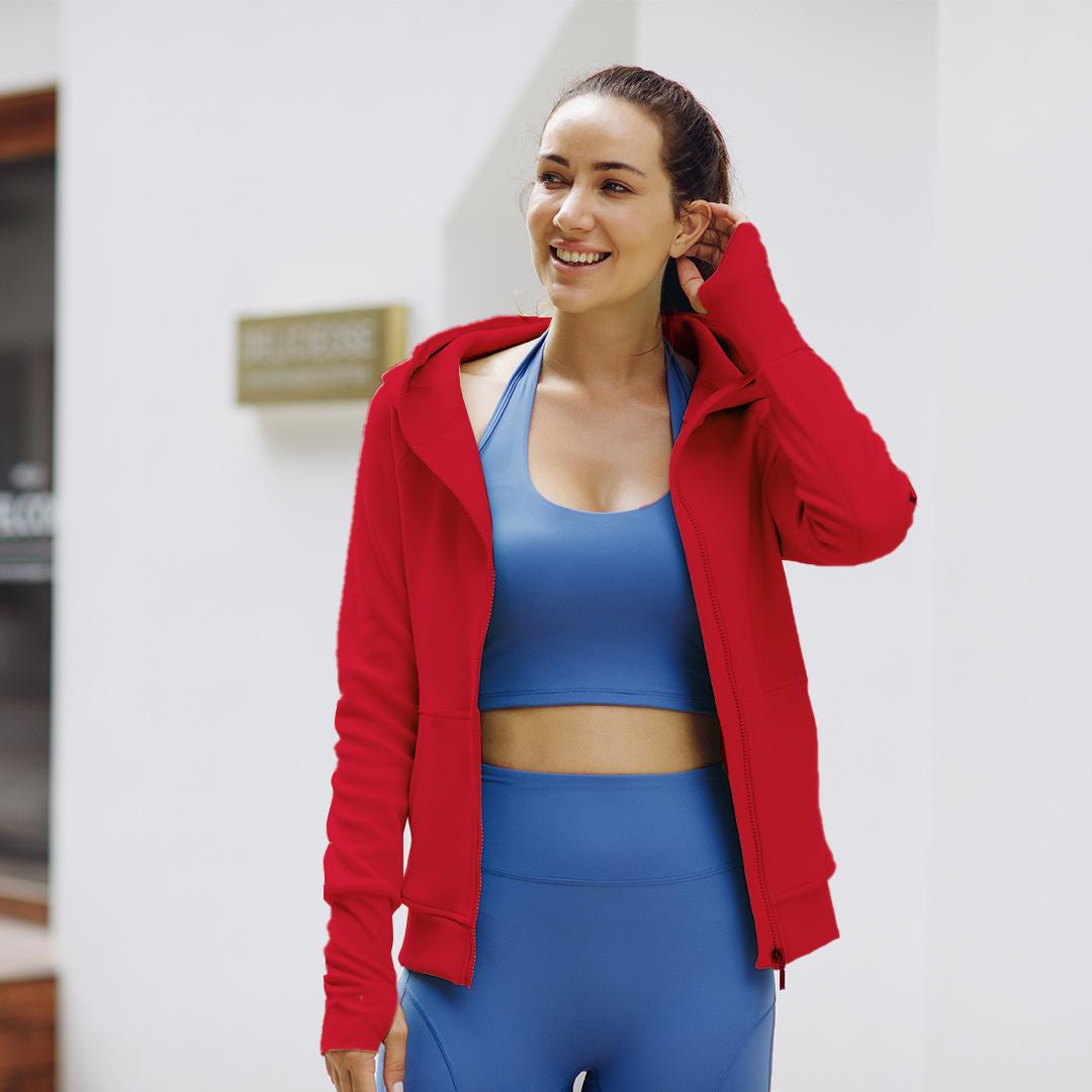 

Женская спортивная куртка с капюшоном - Приталенный флисовый кардиган для бега, тренировок и йоги - С длинным рукавом, для ношения осенью/зимой. S (80-95 jin)