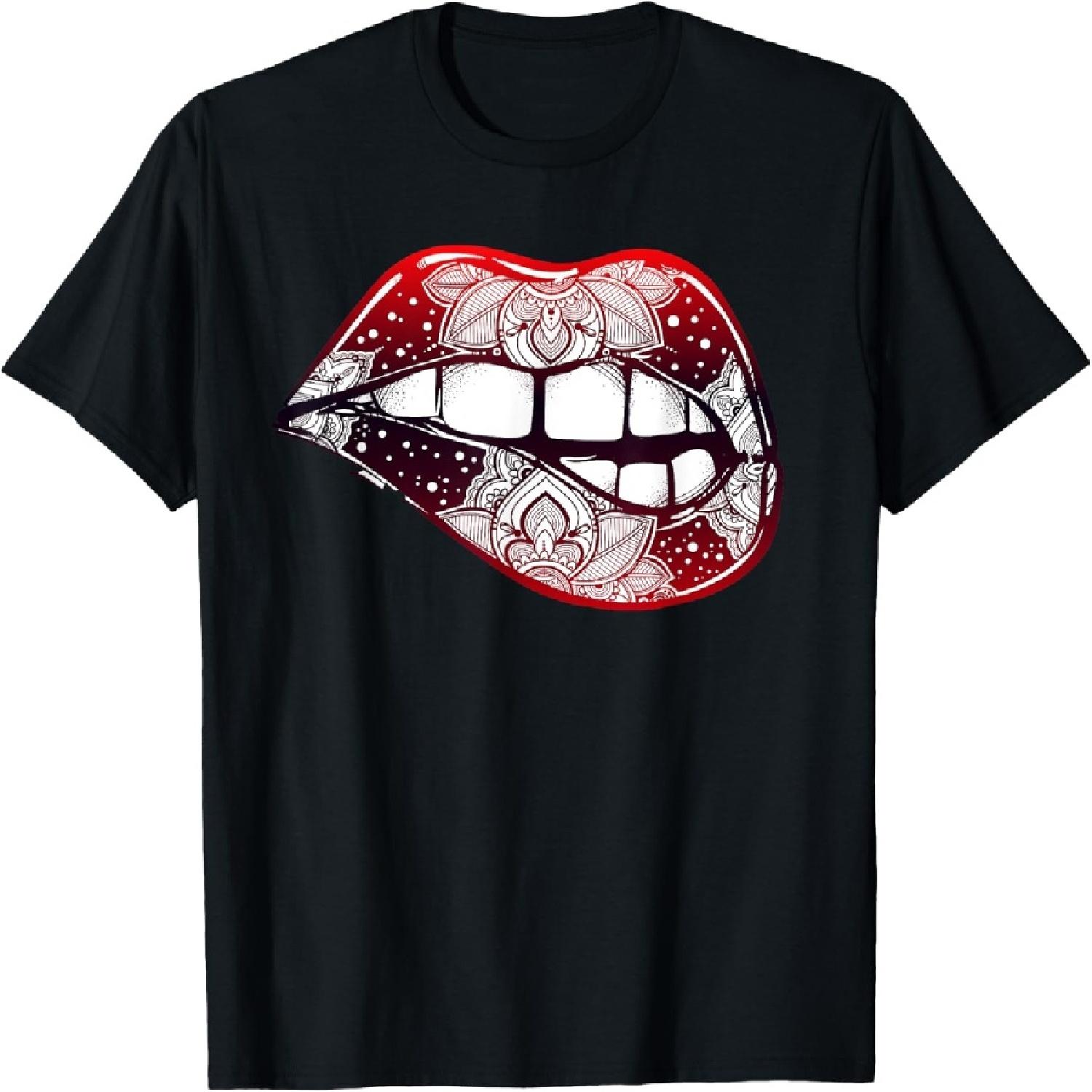 Sexy Biting Lips Tshirt - Boho Lipstick Damask Tattoo Tee T-Shirt S