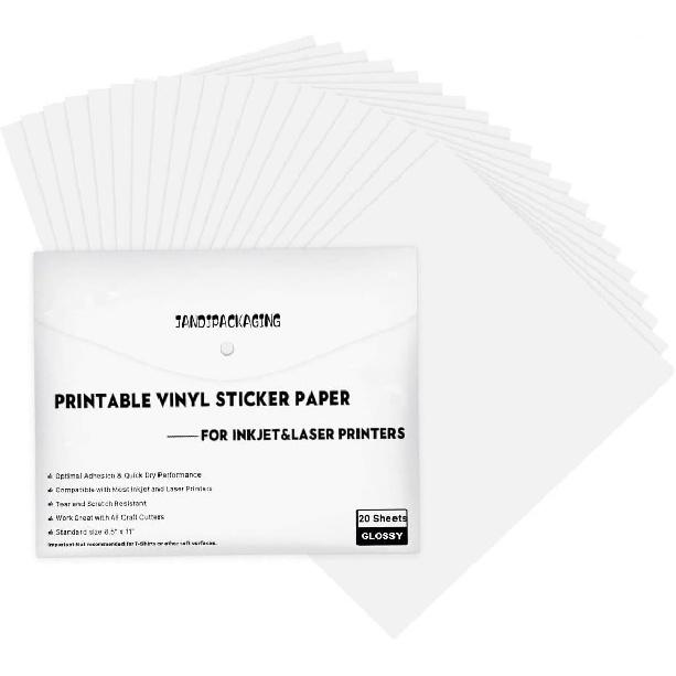 Printable Vinyl Sticker Paper for Inkjet Printer - 8.5"x11" 20 Sheets - Glossy White Printable Vinyl Sheets by JANDJPACKAGING
