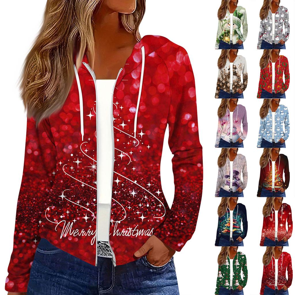 Chaqueta Casual con Capucha y Cremallera de Manga Larga con Estampado Navideño de Moda para Mujer