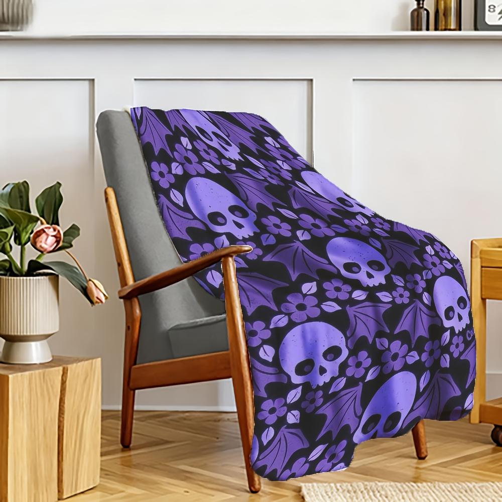 1pc Gothic Purple Pink Black Skull & Bat Wing Flannel Blanket - 280gsm Heavyweight Soft Bedspread, All-Season Beige-Friendly Bed