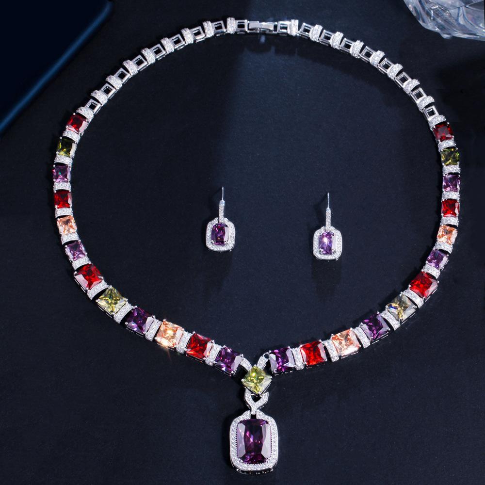 Bridal Color Zircon Necklace Earrings Two-Piece Wedding Dress Noble Earrings Banquet Set Chain