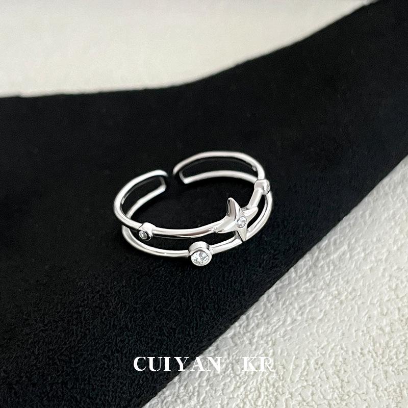 Cui Yan Women's S925 Sterling Silver Korean Style Double Layer Star Ring