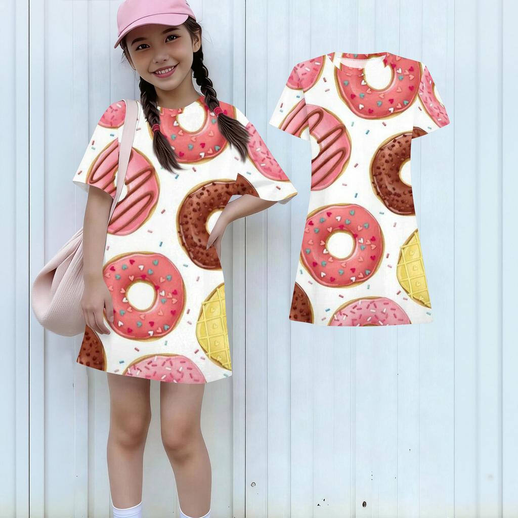 Girls Print Casual Dress Kids Loose Round Neck Short Sleeve Thin Sundress