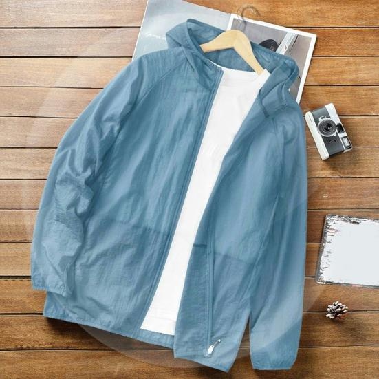 Men Sunscreen Coat Thin Zipper Closure Solid Color Summer Outdoor Sports Sun Protection Hooded Jacket Daily Wear