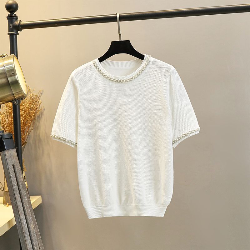 

Футболка с круглым вырезом из ледяного шелка, свободный пуловер с коротким рукавом White M