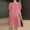 ZANZEA Women Casual Round Neck Solid Color Short Sleeve Pleated Dress