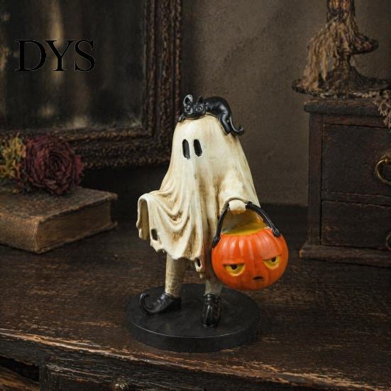 Unique Niche Gift Vintage Halloween Ghost Figurine, Cute Spooky Resin Statue with Pumpkin Artistic Desktop Collection Bucket And Black Cat for Indoor