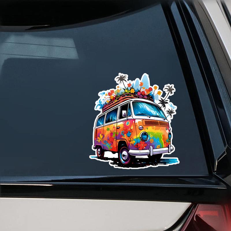 13x14cm Colorful Flowers With Bus Sticker  Vinyl Waterproof Car Decal