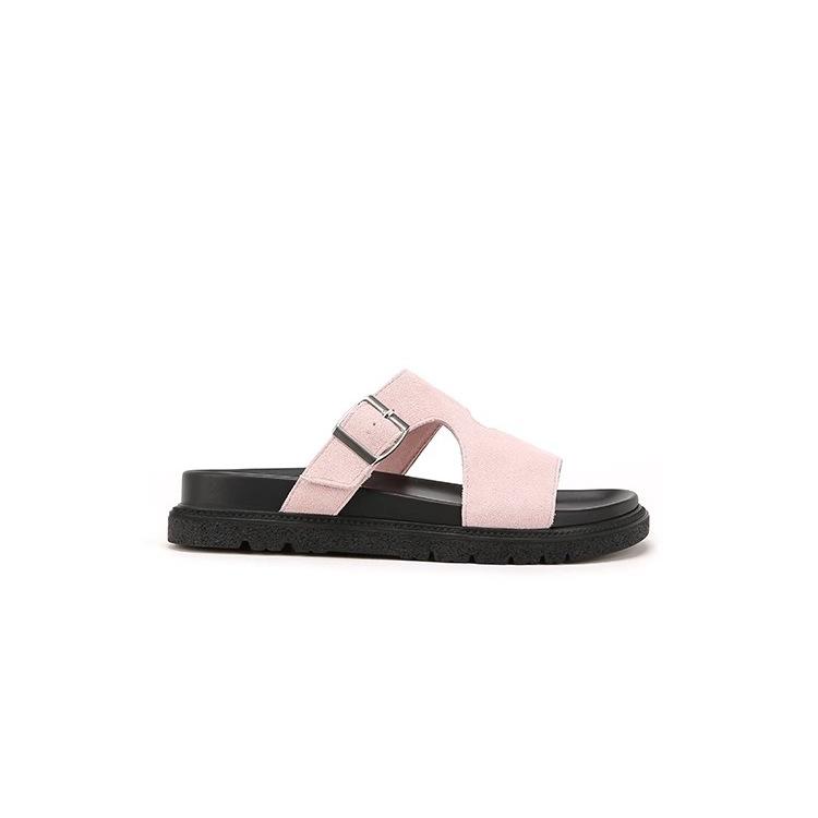 Cowhide version~ Beautiful buckle with thick-bottomed casual beach slippers for women's sandals to wear outside summer