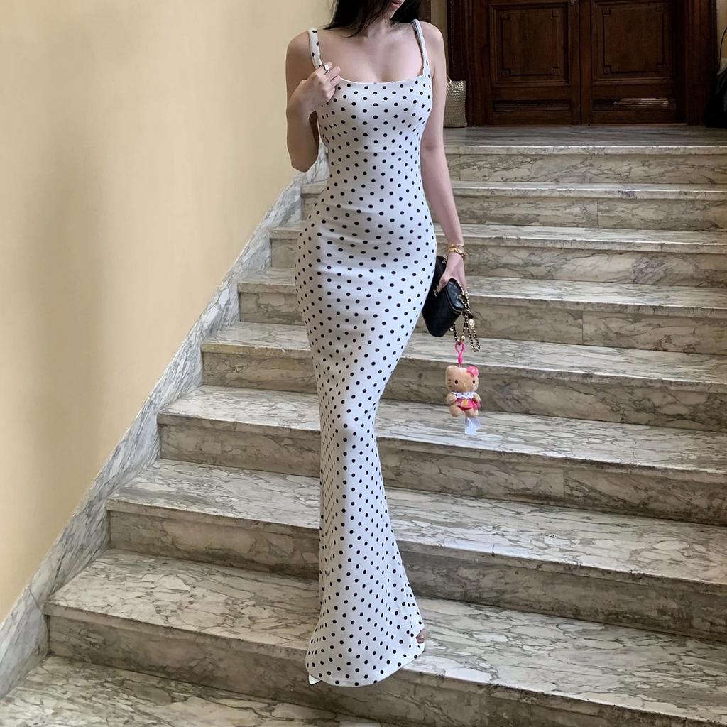 European and American Women's Clothing Summer New French Polka Dot Suspender Dress Waist Thin Hip Dress
