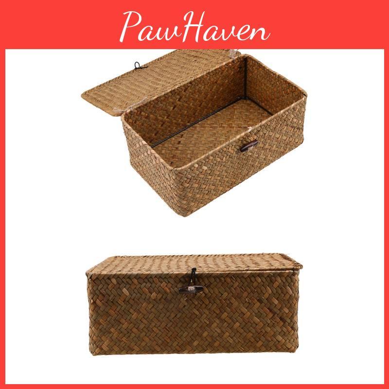 Vintage Handmade Woven Storage Box With Lid Yellow Seagrass Material