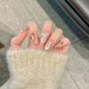 10Pcs Medium Almond Fake Nails Nude Pink Sweet Nail Art Love Artificial Diamond Bow Decoration Removable French Manicure Nails