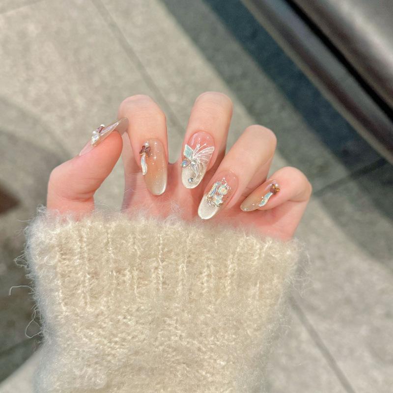 10Pcs Medium Almond Fake Nails Nude Pink Sweet Nail Art Love Artificial Diamond Bow Decoration Removable French Manicure Nails