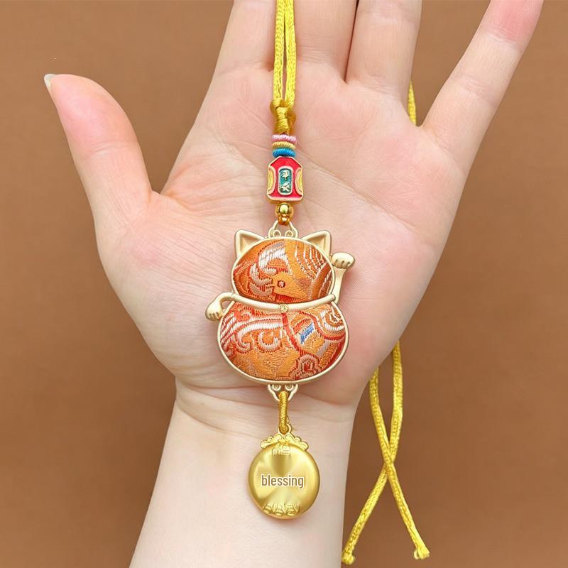 Lucky Cat Car Pendant: New Style Brocade Peace Charm for High-End Car Interiors