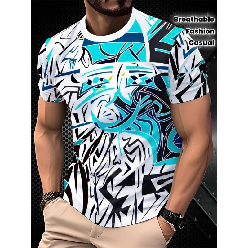 Street Trend Abstract Art Style Men s Casual Short-sleeved Blue and Black Contrast Graffiti 3D Digital Printing Breathable Trendy T-shirt S