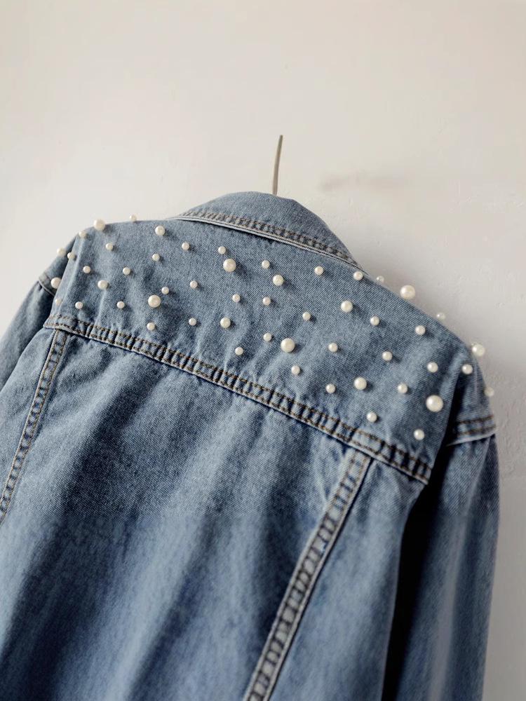2025 Oversizowana damska kurtka dżinsowa z haftowanymi perłowymi koralikami