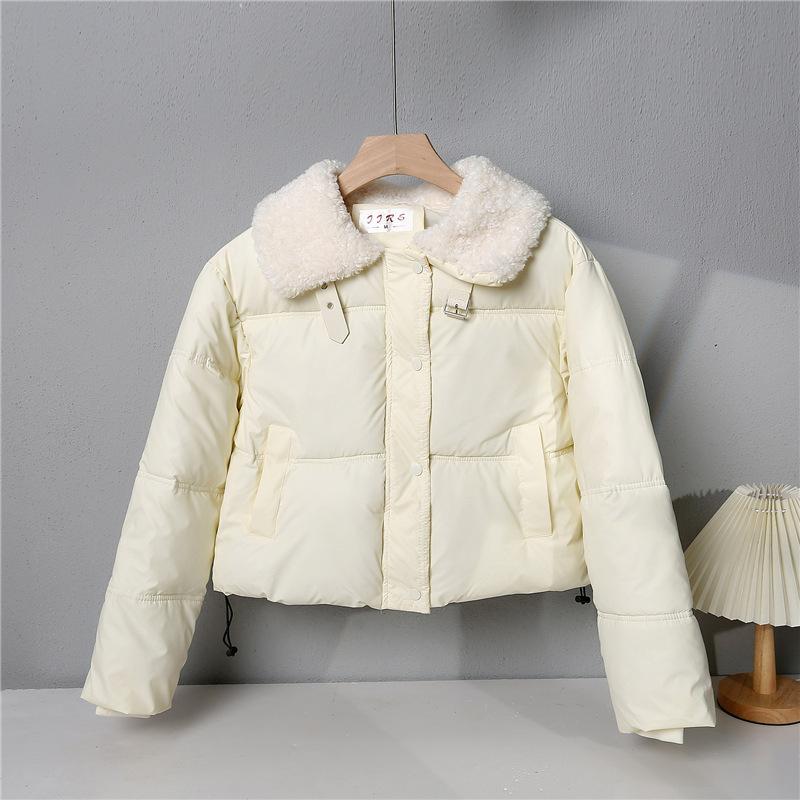 Lamb Wool Leave-in Pu Leather Down Cotton Clothes Women's Short Winter Thickened Stand-up Collar Bread Clothes Small Fur Collar Jacket
